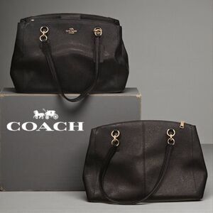 Coach Black Leather Tote Bag Pebbled Carryall + Wallet Set Gold Hardware